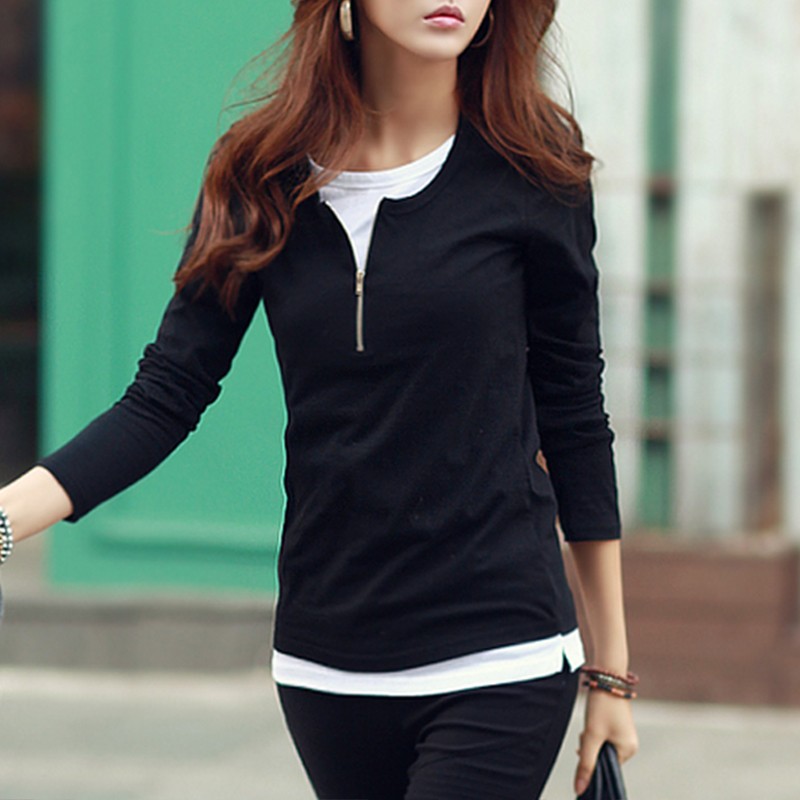 Fake two-piece slim top women's Cotton Long Sleeve T-Shirt